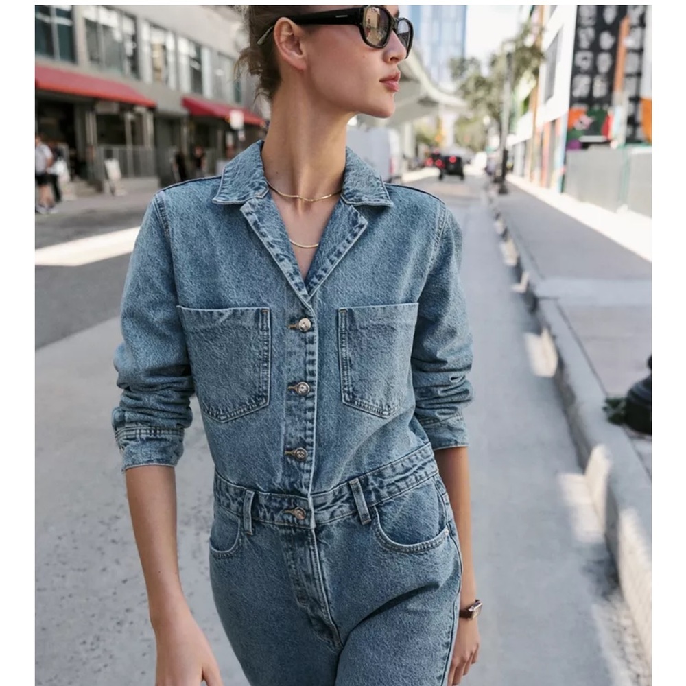 Zara Light Blue Long Sleeve Denim Overall Jumpsuit XS Casual Streetwear